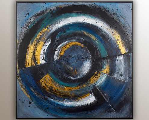 "Agathe" : peinture abstraite de l'artiste Helena Monniello dans une forme ronde.