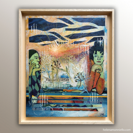 "En humour" est un collage tendre de l'artiste Helena Monniello d'un couple qui vit sa vie de couple.