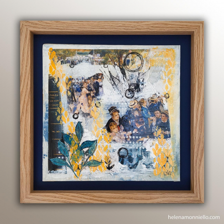 Collage "Les arbres" mêlant peinture, motifs végétaux et scènes humaines, hommage à la nature et à ses enjeux.