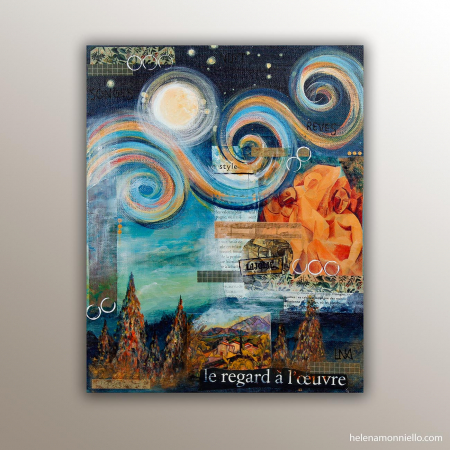 "Nuit à la campagne" collage et peinture de l'artiste Helena Monniello