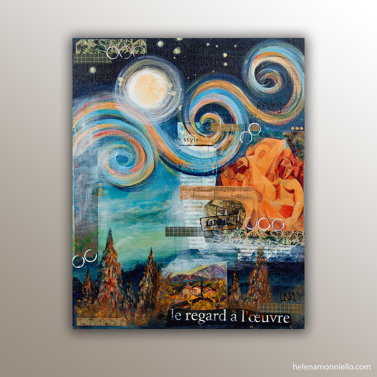 "Nuit à la campagne" collage et peinture de l'artiste Helena Monniello