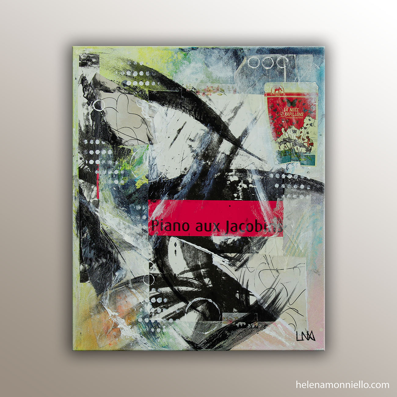 "Piano aux Jacobins" peinture et collage de l'artiste Helena Monniello exprimant mouvement et musique.