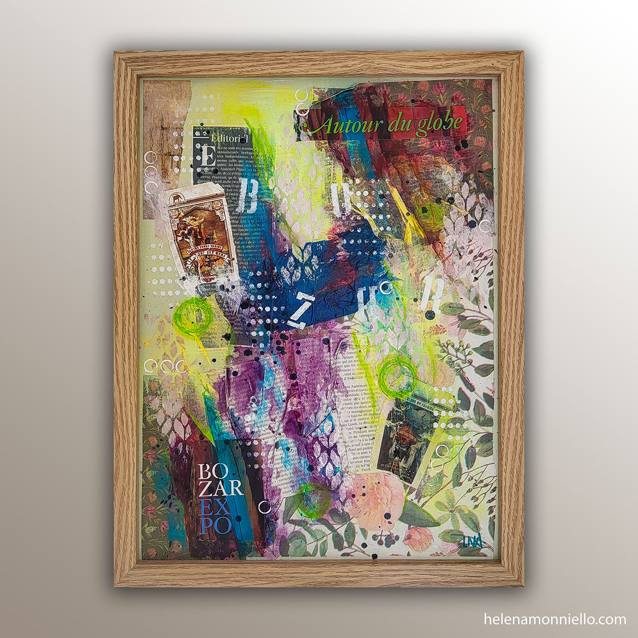 « Autour du globe » d’Helena Monniello — collage, peinture et encre sur carton. Une œuvre vibrante et poétique qui évoque le voyage, la rencontre des cultures et la beauté du mouvement à travers un tourbillon de couleurs et de matières.