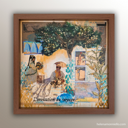 Collage poétique sur carton entoilé mêlant fragments de Monet et scènes de bord de mer, L’invitation au voyage évoque la douceur des vacances, la rêverie et l’évasion.