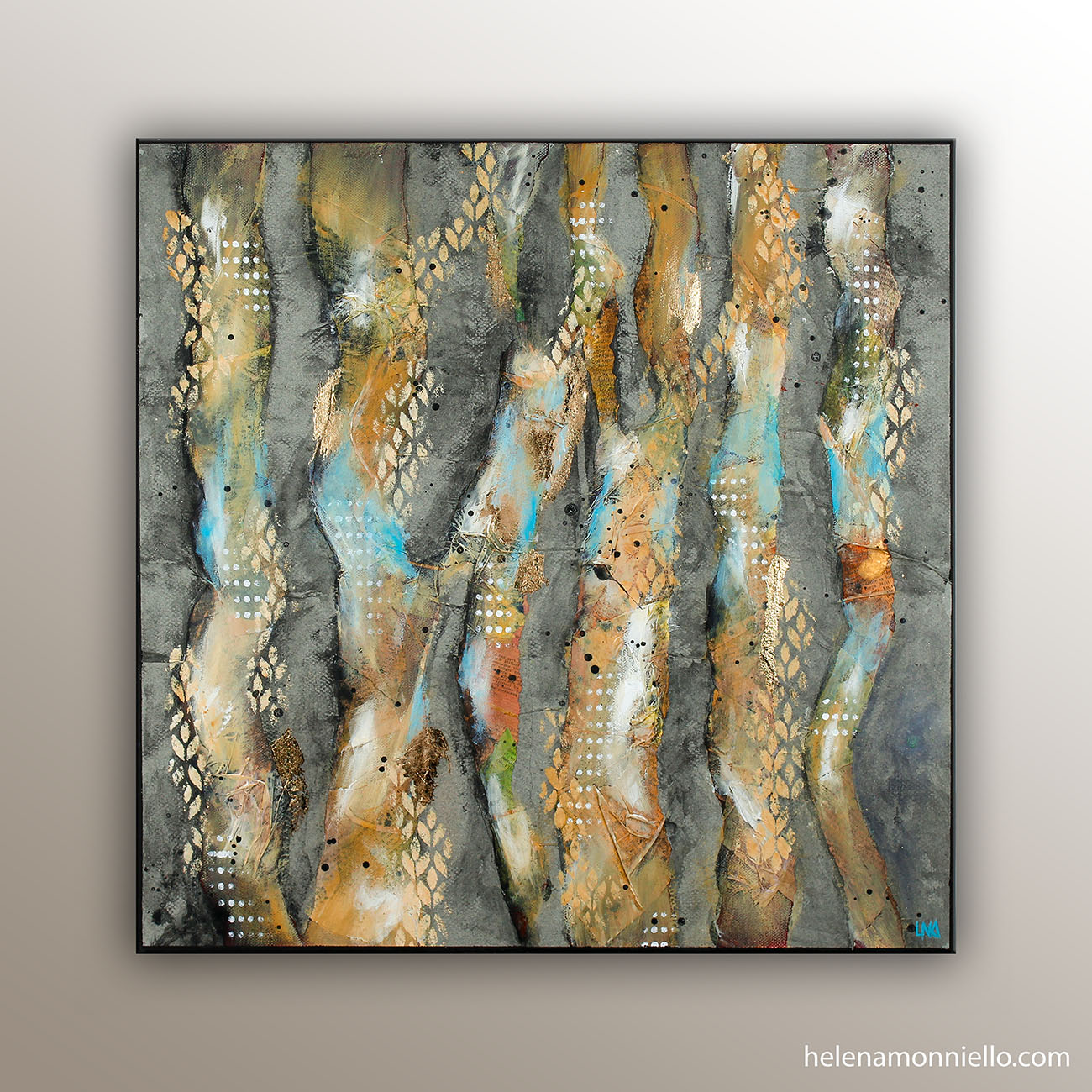 Œuvre intitulée “Enraciné”, réalisée en collage, peinture acrylique et feuille d’or, représentant notre connexion aux arbres et à leur énergie d’ancrage.