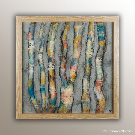 "Vivre" : Oeuvre originale : peinture et collage sur bois encadré. Dimensions : 54 x 54 cm.