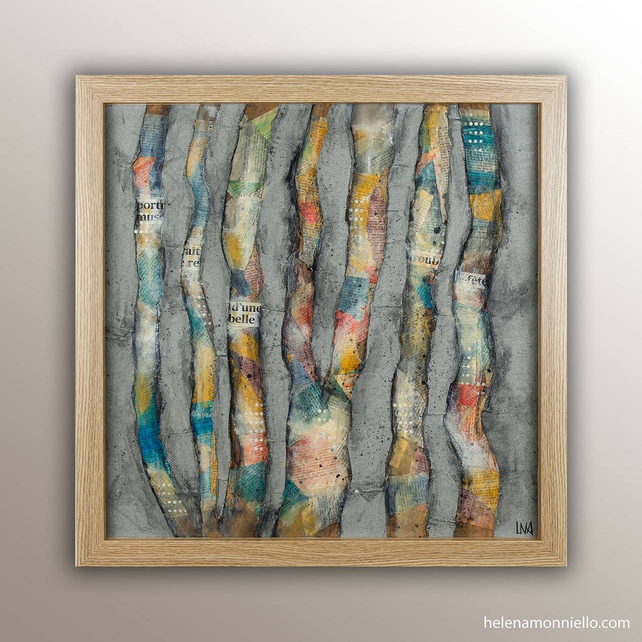 "Vivre" : Oeuvre originale : peinture et collage sur bois encadré. Dimensions : 54 x 54 cm.