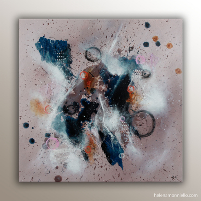 Œuvre abstraite « Fizz » en peinture et collage, symbolisant l’énergie, le mouvement et les états de vie.