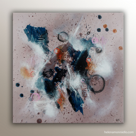 Œuvre abstraite « Fizz » en peinture et collage, symbolisant l’énergie, le mouvement et les états de vie.