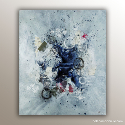 Œuvre abstraite « Les univers » en collage et peinture, évoquant les univers intérieurs et le cosmos.