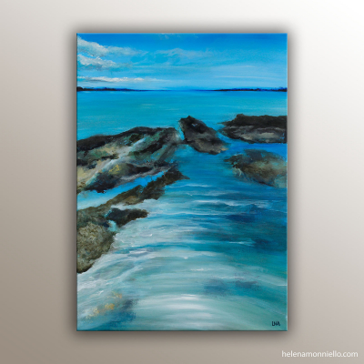 Peinture représentant une plage à marée basse à La Baule, eau turquoise, rochers et reflets du ciel sur le sable, ambiance lumineuse et apaisante.