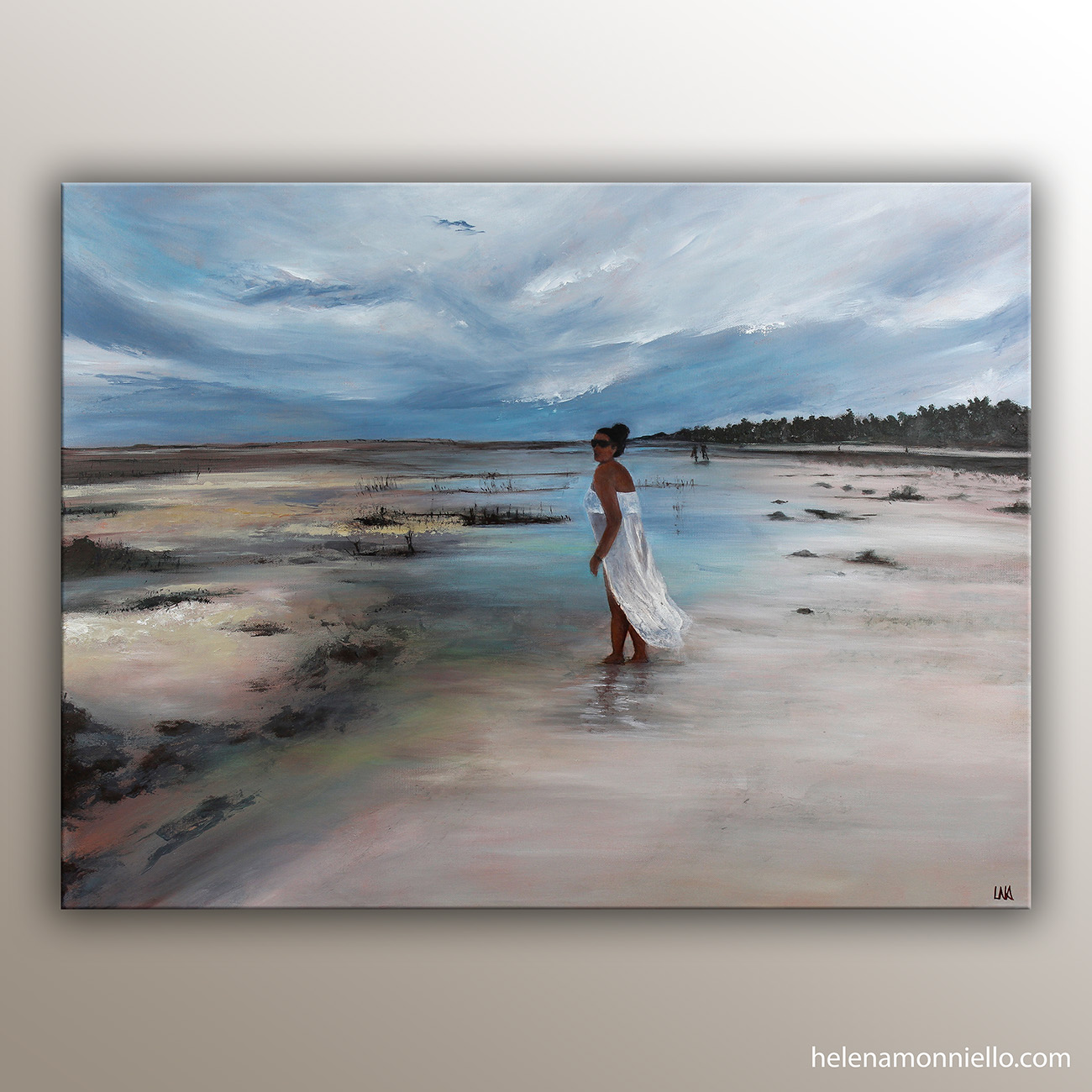 Nakupenda Peinture sur toile représentant une jeune femme marchant dans l’eau sur une plage de Zanzibar, atmosphère douce et lumineuse, œuvre sur commande intitulée Nakupenda