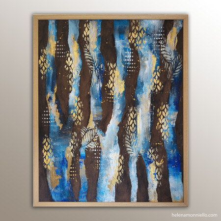 Peinture abstraite aux troncs bruns entrelacés de bleu ciel et de motifs feuilles d'or — "Là où le ciel se cache" de LNA.