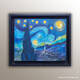 Peinture acrylique inspirée de la Nuit étoilée de Van Gogh, avec ciel tourbillonnant bleu et or, cyprès sombre et clocher blanc "Nuit à la campagne" de LNA.