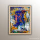 Collage sur bois avec silhouette dansante corail sur fond bleu, lettres découpées et fleurs blanches. "A-muse" de LNA.