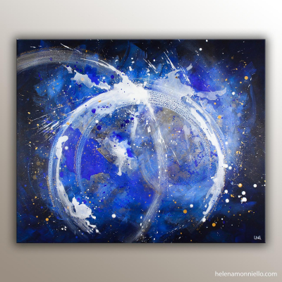 Peinture abstraite cosmique aux deux cercles entrelacés sur fond bleu nuit, avec éclats blancs et touches d'or. "La Porte des Mondes" de LNA.
