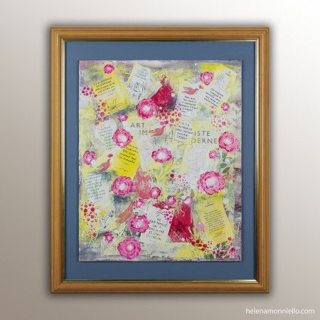 Collage aux pivoines fuchsia sur fond jaune avec phrases inspirantes et oiseaux rouges ."Le Jardin des Possibles" de LNA, juin 2026.